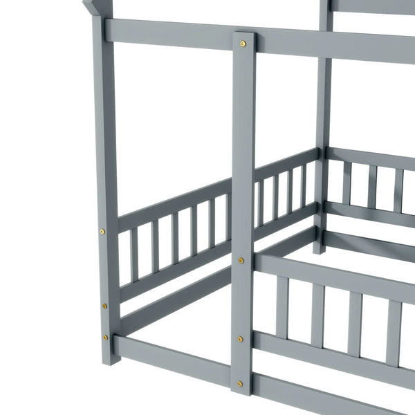 English Elm Full Size House Bed Frame With Roof, Safety Guardrails, Grey Finish - Perfect For Kids' Room Fun! W504P286407