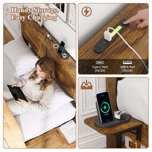 English Elm Farmhouse King Platform Bed Rustic Wood with Led Lighting and Built-in Charging Shelf W1550P366929