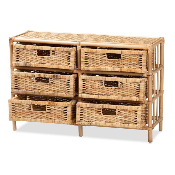 English Elm Modern Woven Rattan Six Drawer Cabinet Bohemian Storage for Bedroom or Living Room B2750P470040