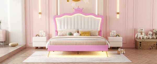 English Elm Full Size Upholstered Princess Bed Frame With Led Lights, Crown Headboard In Pink & White Design W2770P190360