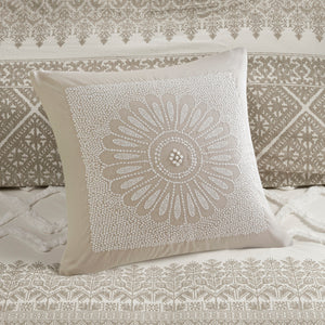 English Elm Full/Queen Mila 3 Piece Cotton Duvet Cover Set with Taupe Botanic Print, Chenille Chevron Tufting, OEKO-TEX Certified B035129140