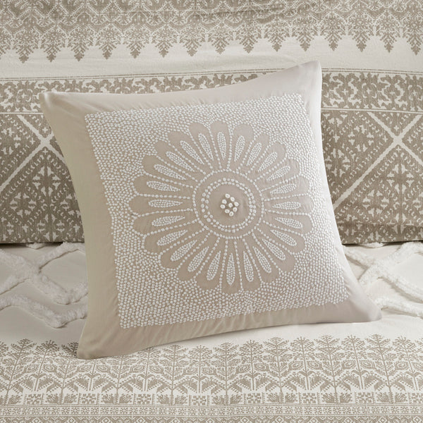 English Elm King/Cal King/Cal 3 Piece Mila Cotton Duvet Cover Set with Taupe Botanic Print, Chenille Chevron Tufting, OEKO-TEX Certified B035129139