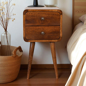 English Elm Soli Solid Mango Wood Mini Chestnut Nightstand with 2 Drawers, Curved Beige-Brown Design, Nordic Legs B182P213806