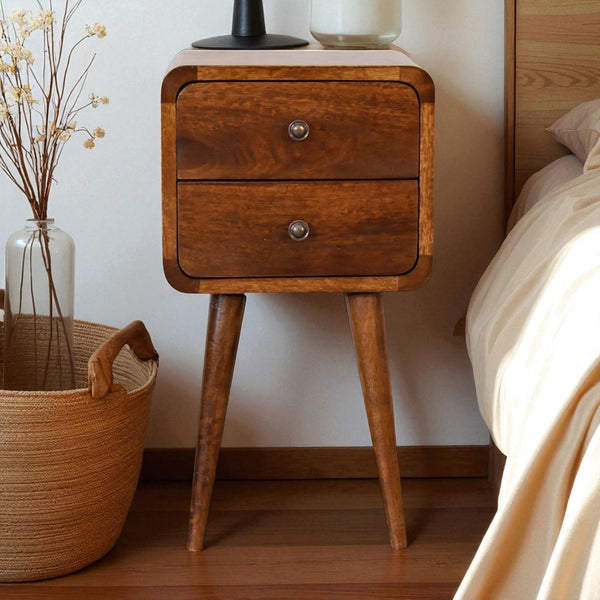 English Elm Soli Solid Mango Wood Mini Chestnut Nightstand with 2 Drawers, Curved Beige-Brown Design, Nordic Legs B182P213806