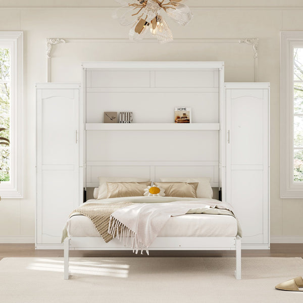 English Elm Queen Murphy Bed with 2 Wardrobes & Foldable Platform, Space-Saving White Queen Bedframe 650lbs N733S339767K