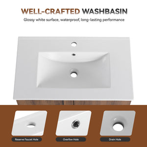 English Elm 30" Floating Bathroom Vanity Dark Oak Cabinet Ceramic Sink Open Shelf Soft Close Brown Ebony,Glossy White W3450P435839