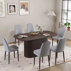 English Elm 63" Medieval-Modern Brown Mdf Dining Table & 6 Pu Chairs Set With Black Metal Legs For Home Elegance W2189S00706