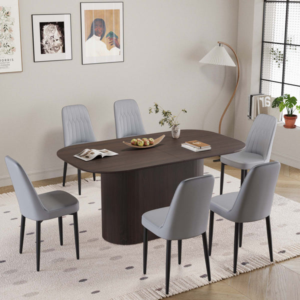 English Elm 63" Medieval-Modern Brown Mdf Dining Table & 6 Pu Chairs Set With Black Metal Legs For Home Elegance W2189S00706