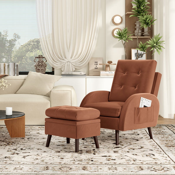 English Elm Upholstered Velvet Reclining Accent Chair with Ottoman Tufted Lounge Seating T3623P411360