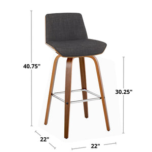 English Elm Fixed-height Swivel Barstools Mid-century Walnut Legs Charcoal Upholstered Seat Set of 2 B202S02155