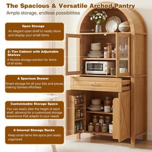 English Elm 71" Arched Glass Barn Door Pantry Cabinet Farmhouse Mdf Storage for Kitchen Dining Oak W2917S00017