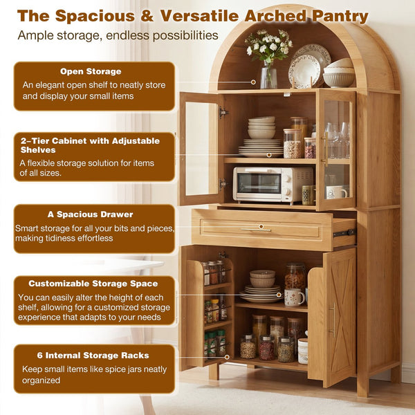 English Elm 71" Arched Glass Barn Door Pantry Cabinet Farmhouse Mdf Storage for Kitchen Dining Oak W2917S00017
