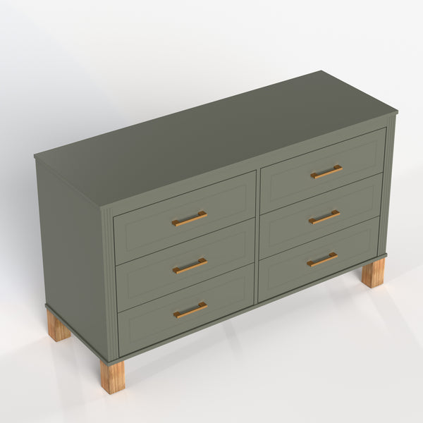 English Elm 6-drawer Double Dresser Solid Wood Legs Mid-century Modern Bedroom Storage Cabinet Olive W1445S00005