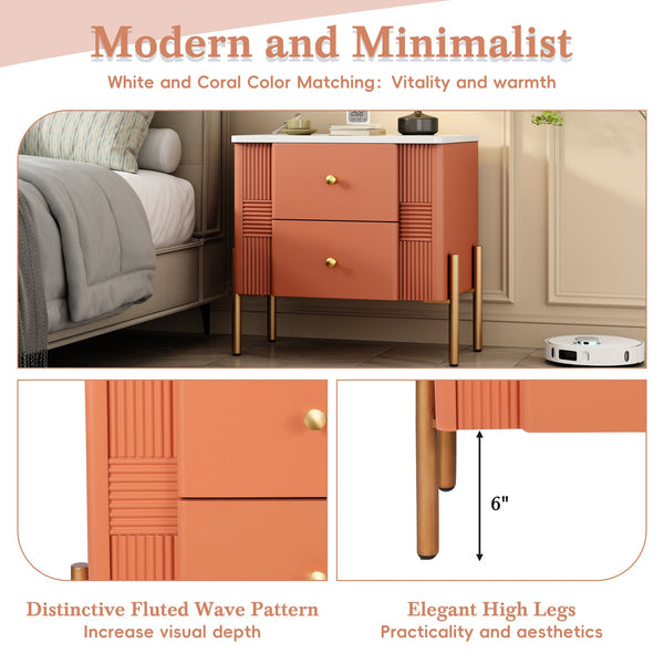 English Elm Christopher Knight Home® - Modern Fluted Nightstand with Two Drawers and Gold Legs, Sleek Textured Bedside Table for Stylish Storage and Easy Cleaning Orange 23 L x 18 W x 18 H N761P285710G