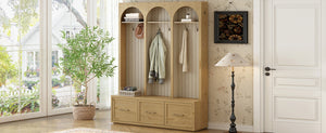 English Elm Farmhouse Hall Tree with Triple Arch Back Panel Eight Hooks Drawers and Entryway Bench N721S000071L
