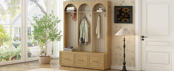 English Elm Farmhouse Hall Tree with Triple Arch Back Panel Eight Hooks Drawers and Entryway Bench N721S000071L