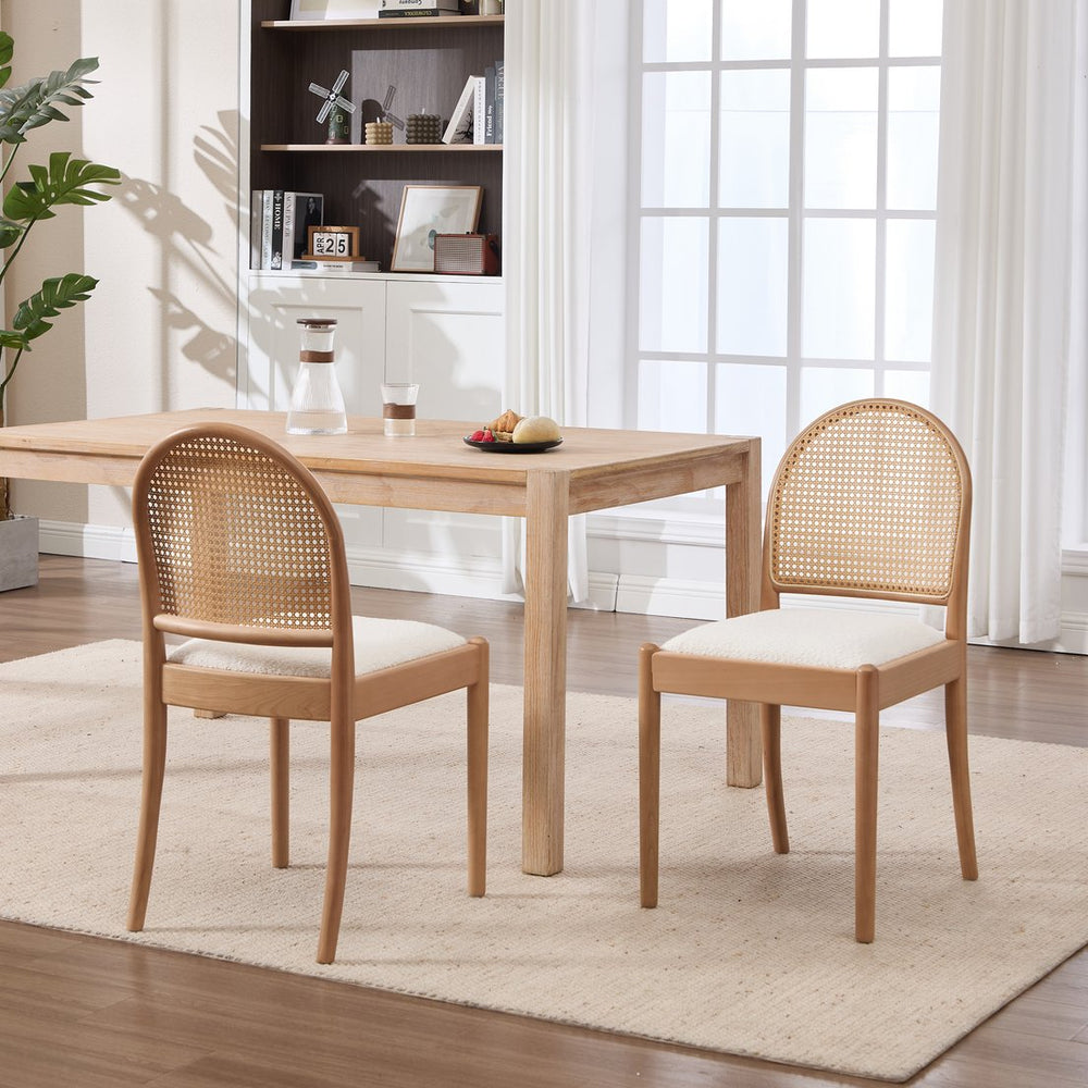 English Elm Rattan Backrest Dining Chairs Set of 2 Teddy Fabric Cushion Solid Wood Legs Kitchen Beige W3244P475485
