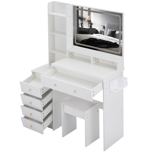 English Elm 41" Luxury Vanity Table Set With Stool, Integrated Power, Led Mirror & Hair Dryer Stand - Stylish Design W936P230832