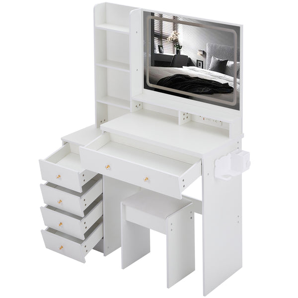 English Elm 41" Luxury Vanity Table Set With Stool, Integrated Power, Led Mirror & Hair Dryer Stand - Stylish Design W936P230832