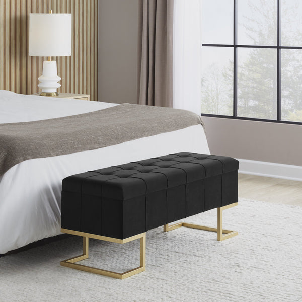 English Elm Storage Bench with Button Tufted Velvet Seat and Gold Tapered Legs for Bedroom B202P471510