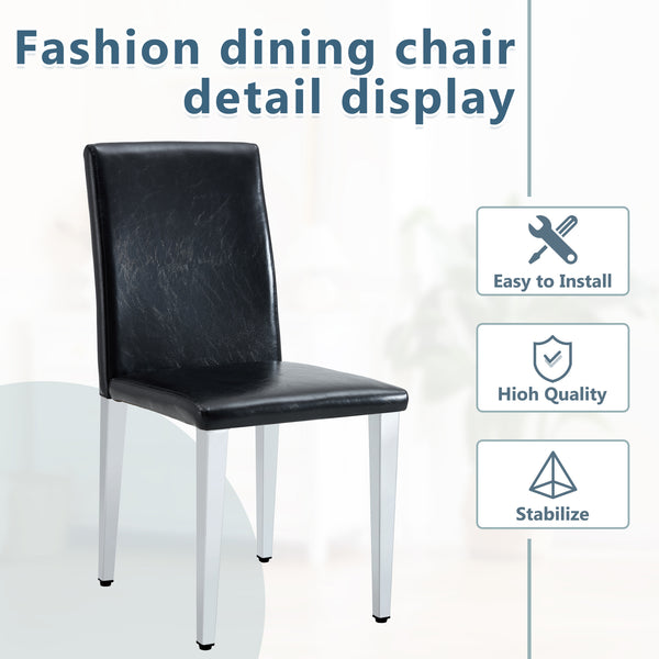 English Elm Four PU dining chairs with sleek silver metal legs, ergonomic PU seats, anti-slip feet, easy assembly, modern minimalist style Black+Silver W1151P269018