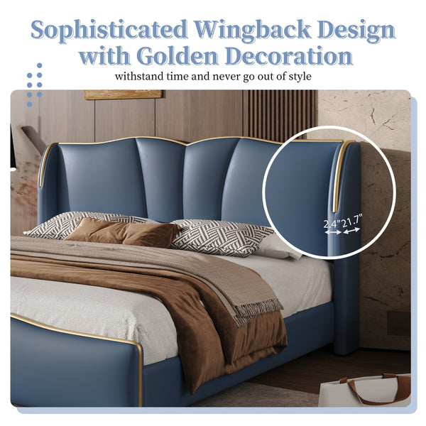 English Elm Christopher Knight Home® - King PU Leather Bed Frame with Wingback Headboard & Footboard, Gold Accents, Platform Slat Support, Elegant Design Antique Blue 85 L x 10 W x 3.25 H N761S0000017C