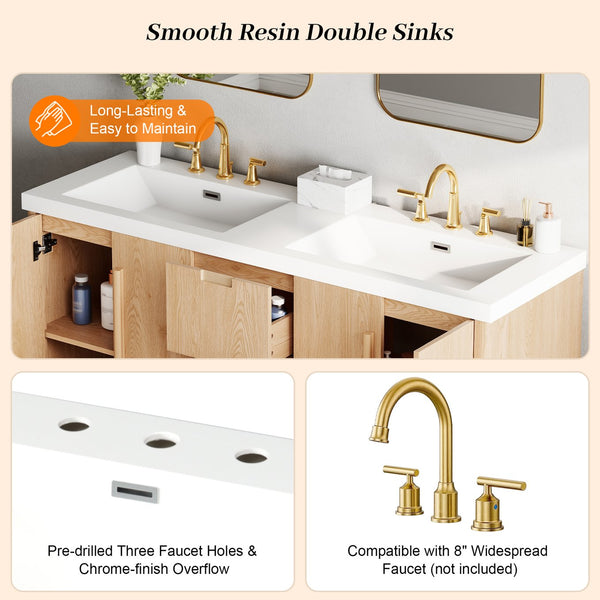 English Elm [video] 59 Inch Double Sink Vanity with Wood Grain Mdf Soft Close Doors and Resin Basins N759S425430N
