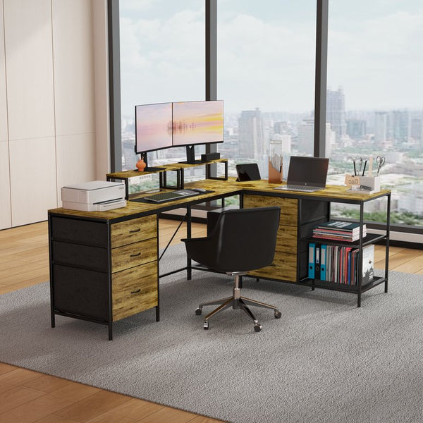 English Elm 114" L-shaped Industrial Gaming Desk with Power Hub 6 Drawers and Rustic Steel Frame T2398P438828