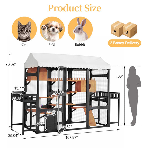 English Elm Large Pine Wood Catio Outdoor Cat Enclosure with Wire Mesh and Dual Plant Stands Black N704G201617B