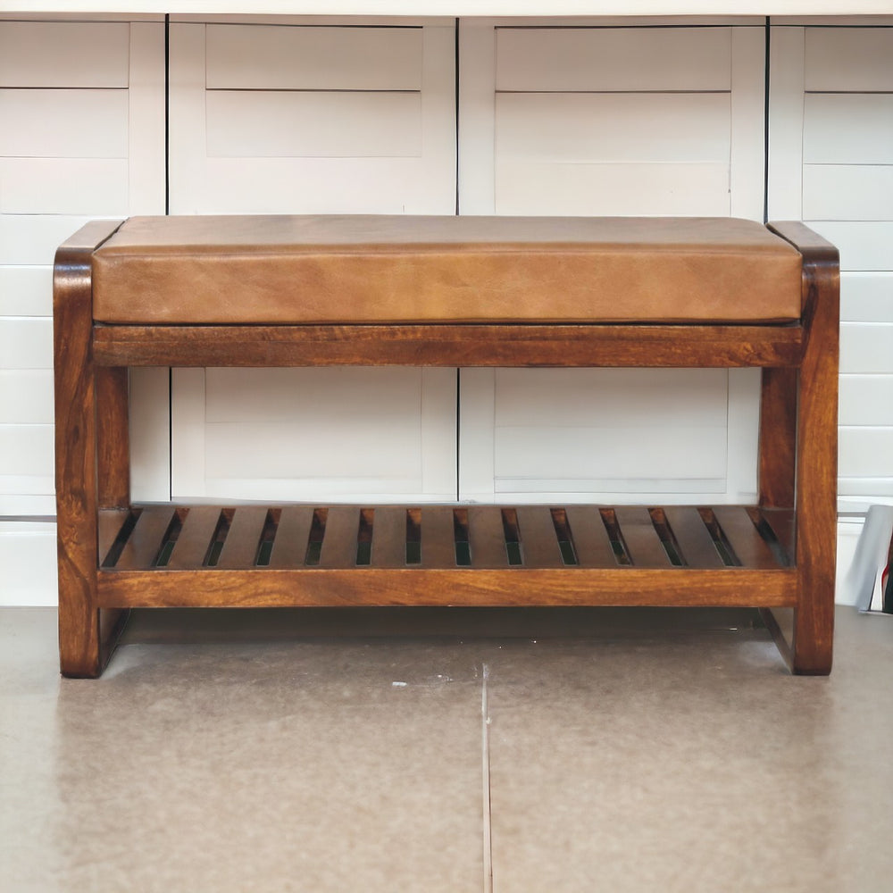 English Elm Buffalo Slatted Hallway Bench with Buffalo Hide Seat, Solid Mango Wood, Chestnut Finish, Storage B182P315318