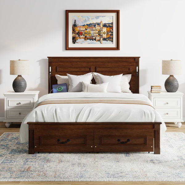 English Elm Queen Farmhouse Pinewood Storage Bed with Led Lighting Usb Charging and Panel Headboard Walnut W504P391016