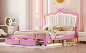 English Elm Full Size Upholstered Bed Frame With Led Lights – Chic Pink Princess Design, Crown Headboard & Storage Drawers W2770P190367