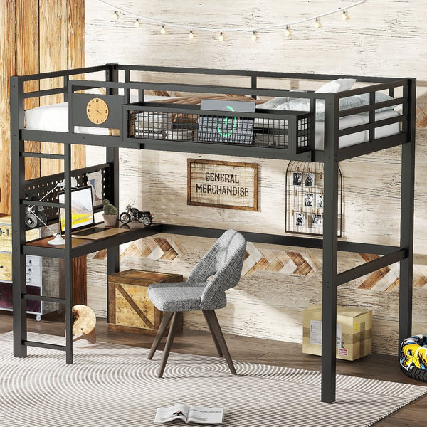 English Elm Twin Xl Solid Pine Loft Bed with Built-in Led Lighting and Storage Shelves W1580S00374