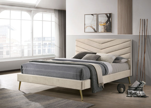 English Elm Mid-century Chevron Tufted Headboard Full Bed with Gold-Plated Legs, Flannelette Upholstery, Art Deco Flair Beige 80 L x 11 W x 10 H B011S00900