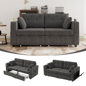 English Elm Sofas for Living Room Chenille Three Seat Couch with Usb Charging Storage and Cup Holder Gray W395S00143