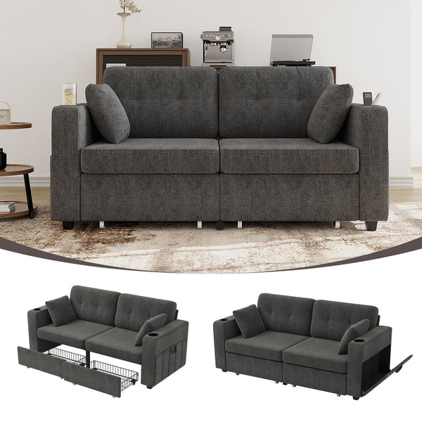 English Elm Sofas for Living Room Chenille Three Seat Couch with Usb Charging Storage and Cup Holder Gray W395S00143