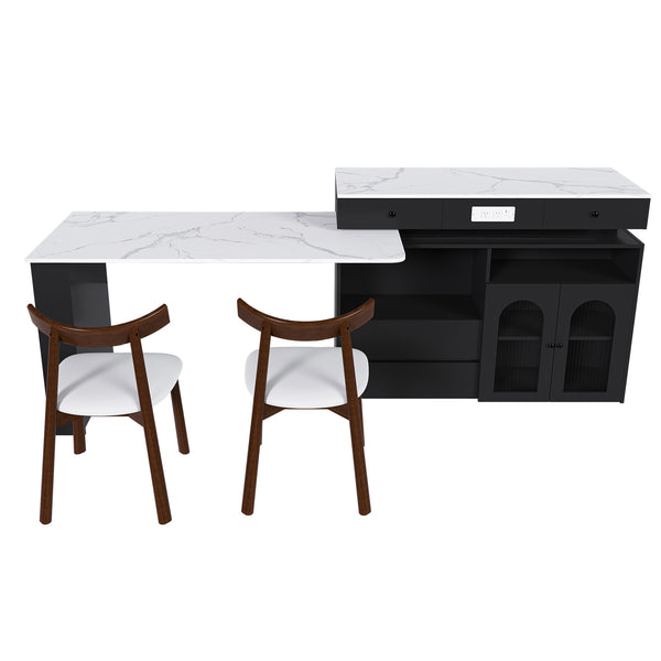 English Elm Kitchen Island Dining Set Marble Veneer Rotating Top Solid Wood Chairs Retro Modern White W2700S00120