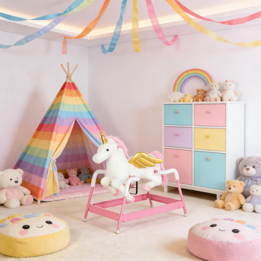 English Elm Soft Plush Unicorn Spring Horse Ride on Toy with Sound for Kids Ages 3 and Up T3971P442616