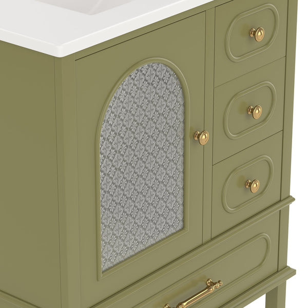 English Elm 30" Freestanding Bathroom Vanity Solid Wood Cabinet Ceramic Basin 3 Drawer Storage Green W1580P382512