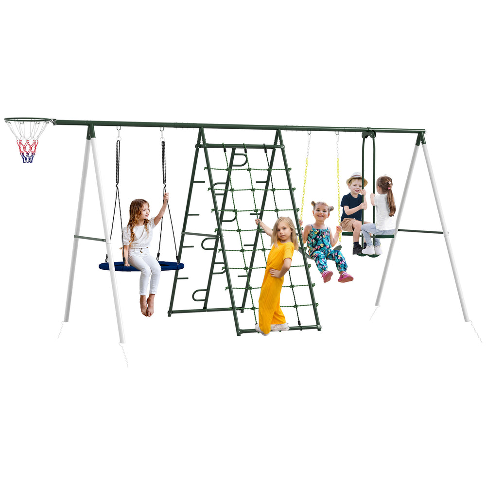 English Elm Outsunny Heavy Duty Steel Backyard Playset with Saucer Swing Slide and Climbing Net W2225P217339