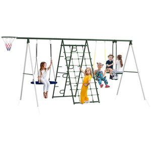 English Elm Outsunny Heavy Duty Steel Backyard Playset with Saucer Swing Slide and Climbing Net W2225P217339