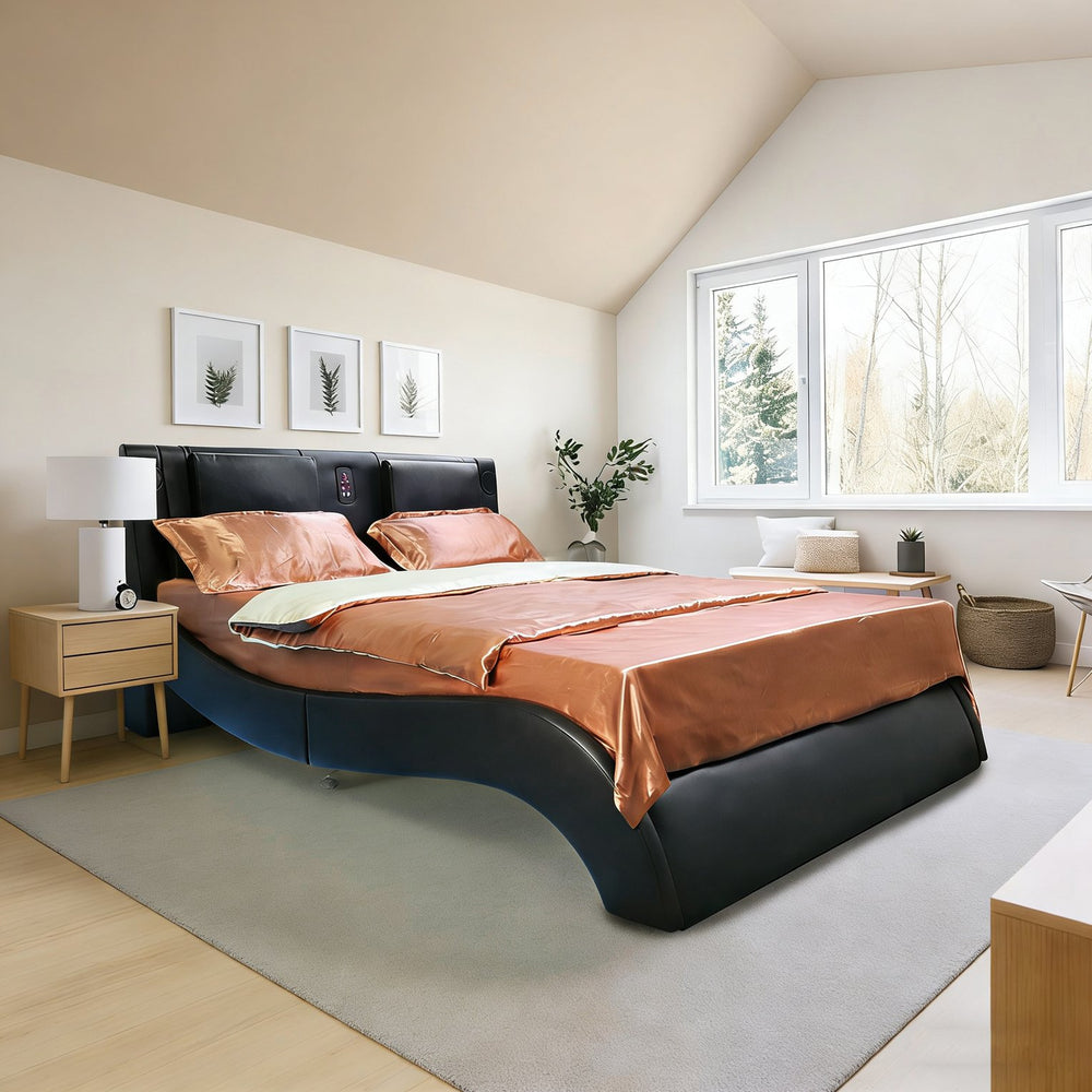 English Elm Faux Leather Queen Platform Bed Curved Headboard Rgb Lighting Bluetooth Massage W2297S00028