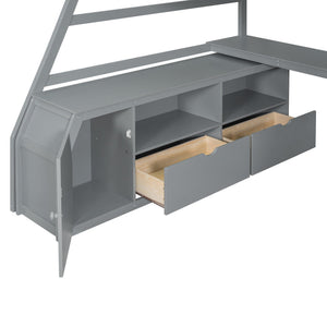 English Elm Full Size Kids Loft Bed with Integrated Desk Seven Drawers and Open Shelving Gray LT000649AAE-1
