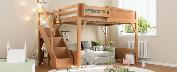 English Elm Twin Low Loft Bed Solid Pine Frame Kids Study Desk Blackboard Storage White Antique Natural W1580S00554