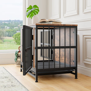 English Elm Dog Crate Furniture Wooden Kennel with Iron Frame Dual Sliding Doors Indoor Side Table W840P203065