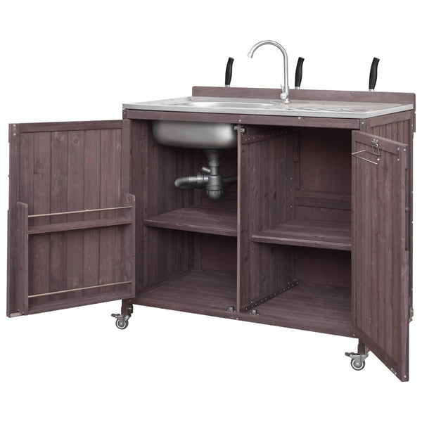 English Elm K&k Outdoor Prep Station Stainless Steel Top Fir Wood Cabinet with Drawer and Wheels N707P370281Z