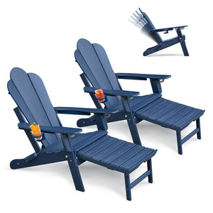 English Elm Folding Outdoor Hdpe Adirondack Chair with Retractable Ottoman for Deck or Patio Navy Blue W1889P450925