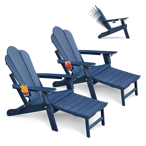English Elm Folding Outdoor Hdpe Adirondack Chair with Retractable Ottoman for Deck or Patio Navy Blue W1889P450925