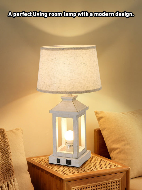 English Elm 20.5" Vintage Table Lamp Set of 2, White Gold Farmhouse Nightstand Lamps with Linen Shade, USB-C+A Ports and Soft Nightlight W2312P389976