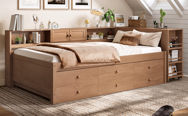 English Elm Twin Daybed Pine Frame with Trundle Desk Hutch Shelves and Storage for Kids Rooms Brown W1580S00459